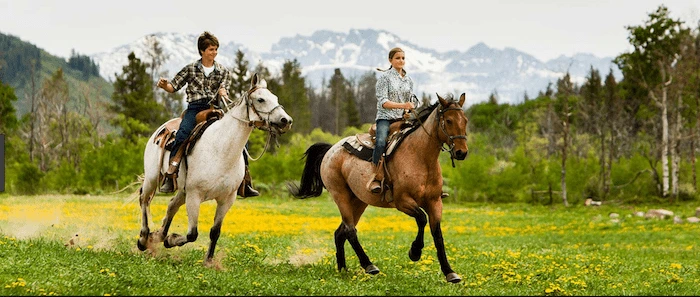 Confident plus-size woman riding Sunderland a horse through a field with a smile on her face.